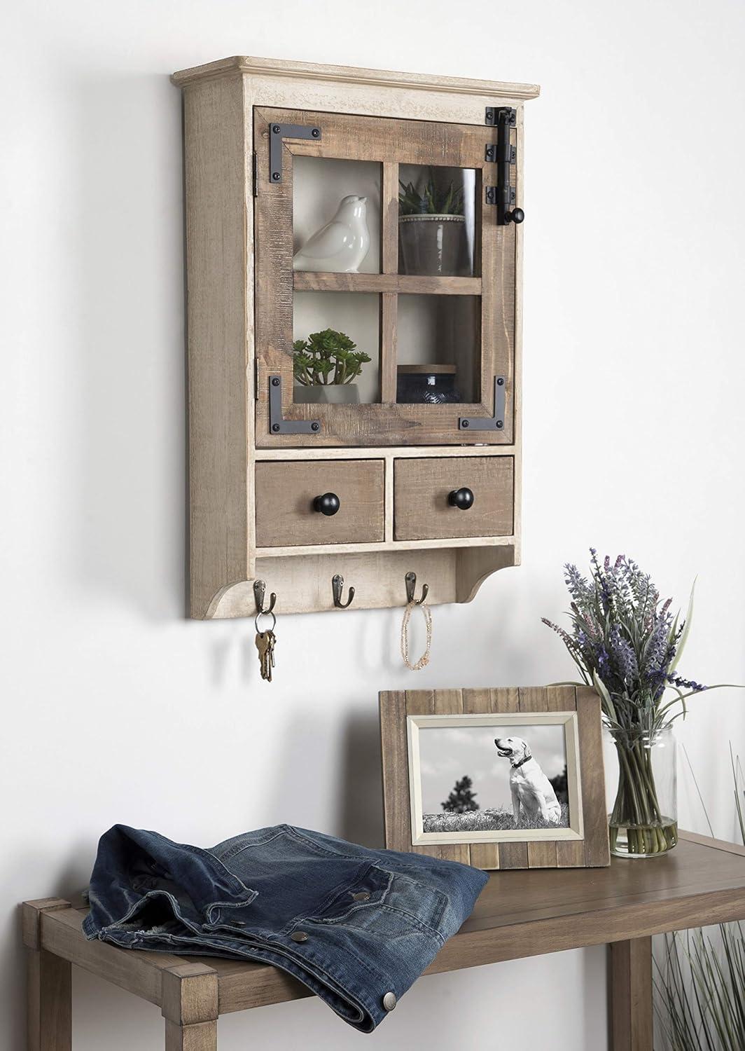 Rustic Brown and White Wood Wall Cabinet with Glass Windowpane Door