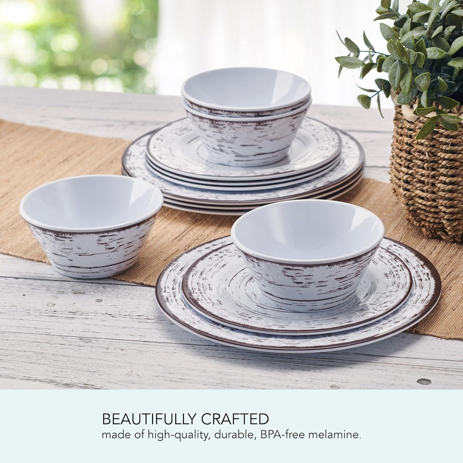 Rustic White Melamine Outdoor Dinnerware Set, Service for 4