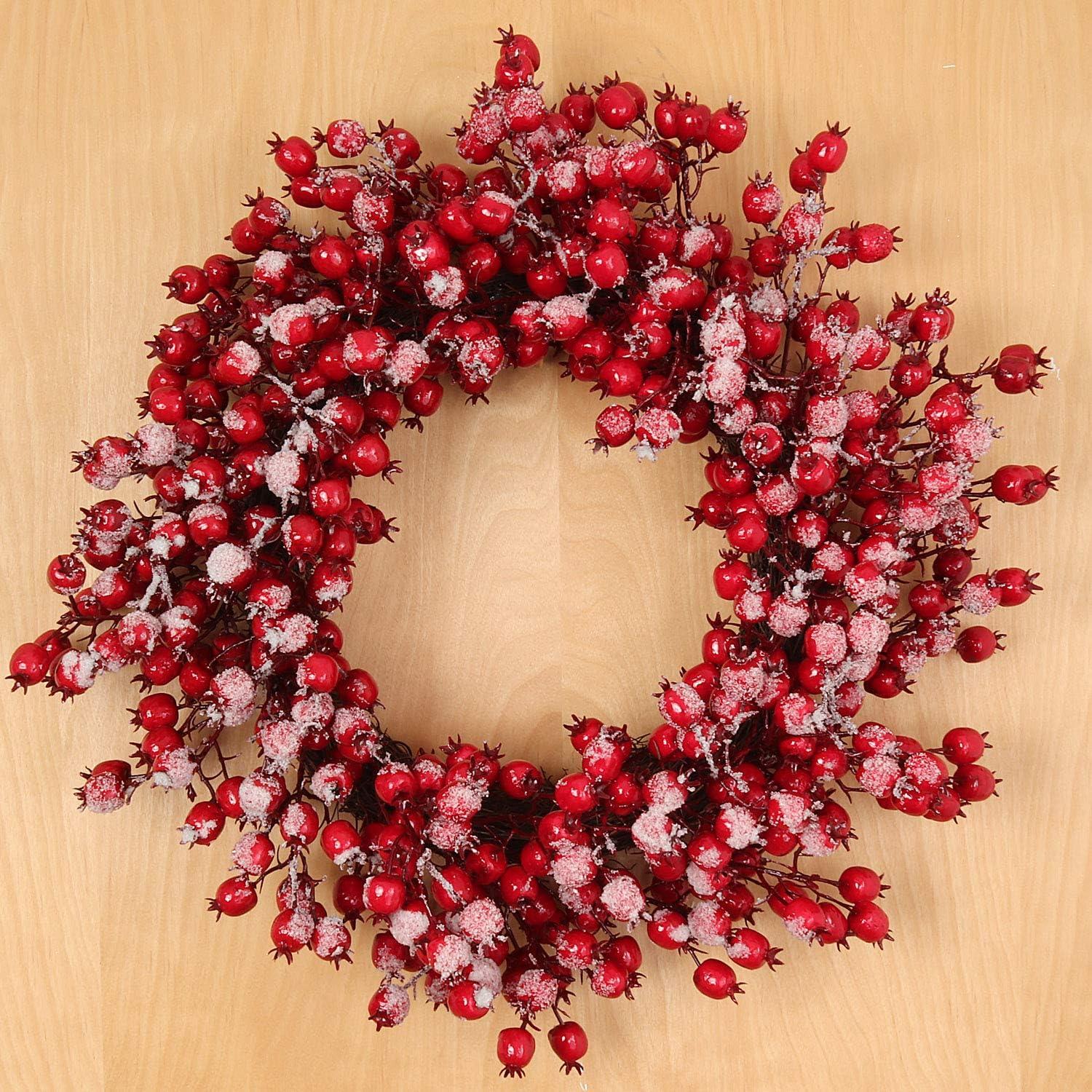 19" Red Frosted Berry Christmas Wreath with Hawthorn Branches