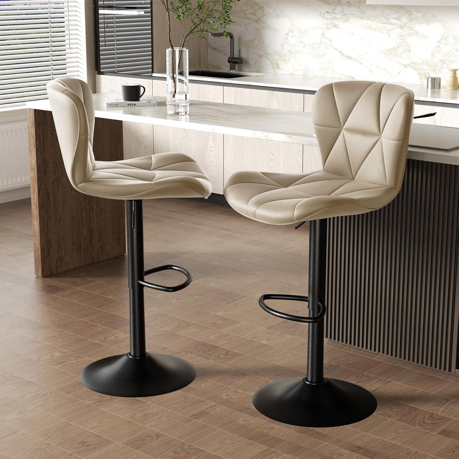 Modern Bar Stool Set of 2, Adjustable Faux Leather Upholstered Swivel Counter Stools, Counter Barstools with Back for Kitchen Island, Khaki