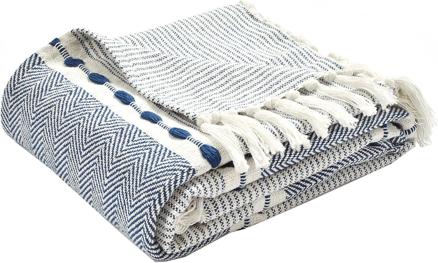 50"x60" Herringbone Striped Yarn Dyed Cotton Woven Throw Blanket with Tassels - Lush Décor