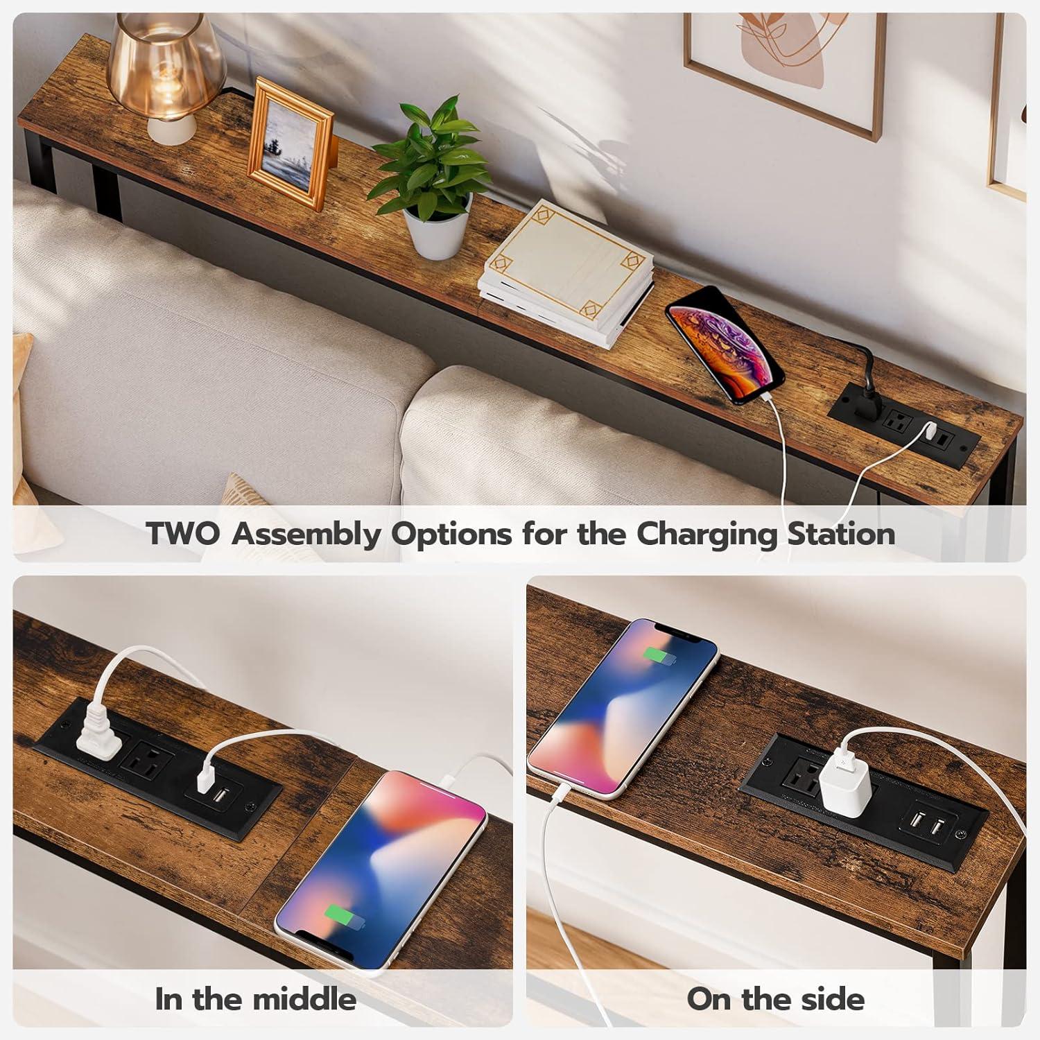 47.2" Skinny Console Table with Power Outlets and USB Ports, Table with Charging Station, Narrow Sofa Table, Behind Couch Table, for Entryway, Hallway, Foyer, Rustic Brown BF15XG01G1