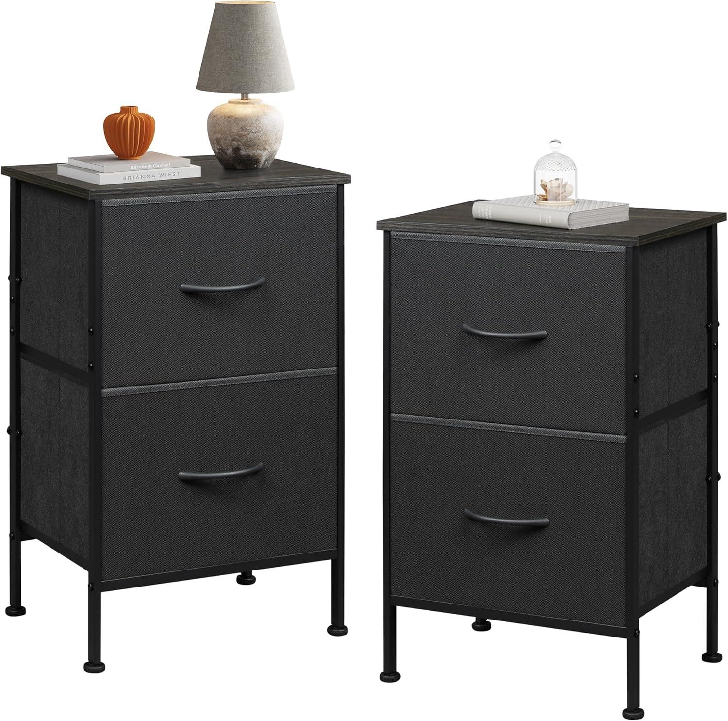 Black Fabric 2-Drawer Nightstand with Steel Frame