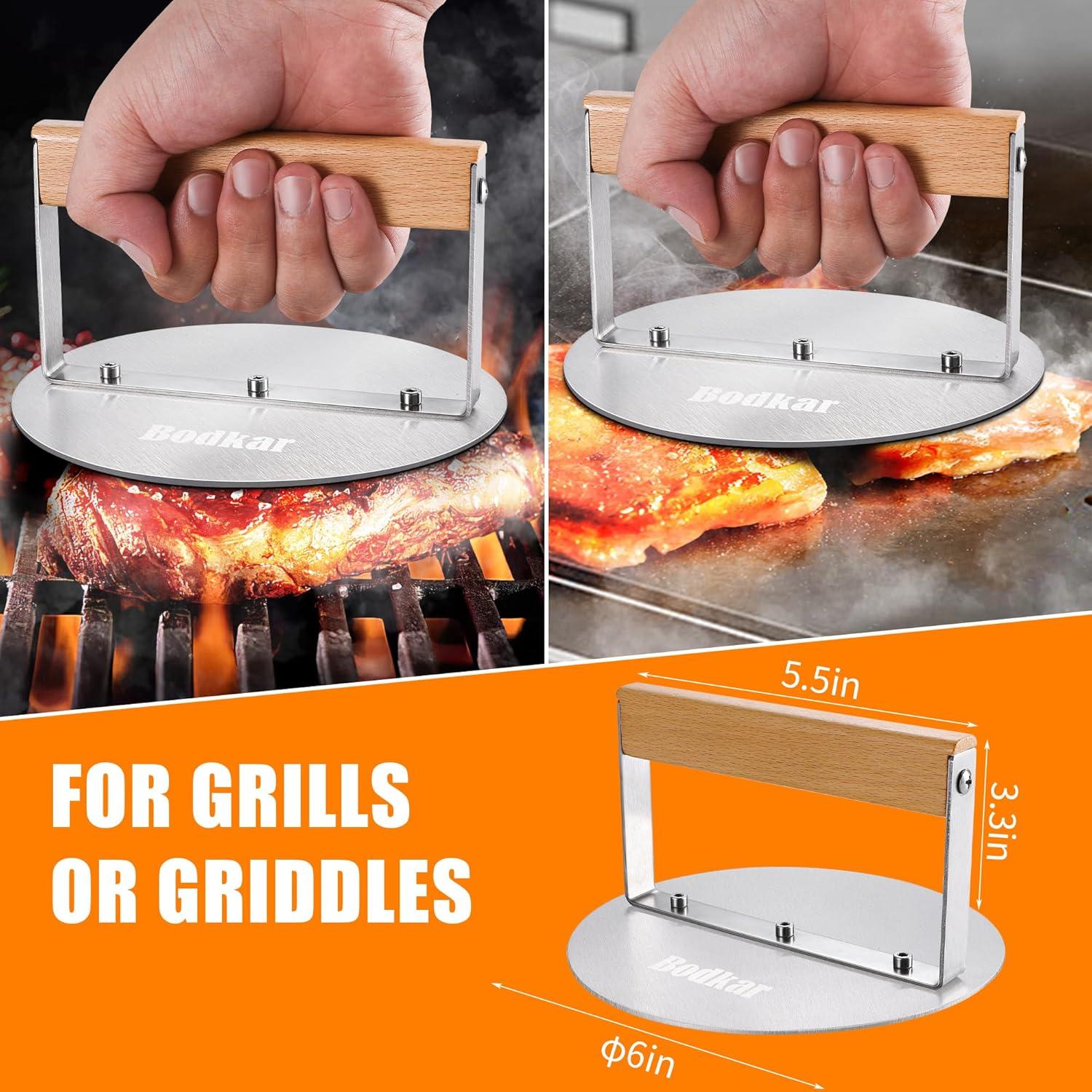 Stainless Steel Burger Press, 6 inch Round Burger Smasher Round Hamburger Press with Wood Handle, Grill Press Meat Flattener Tool for Flat Top Griddle Grill Cooking
