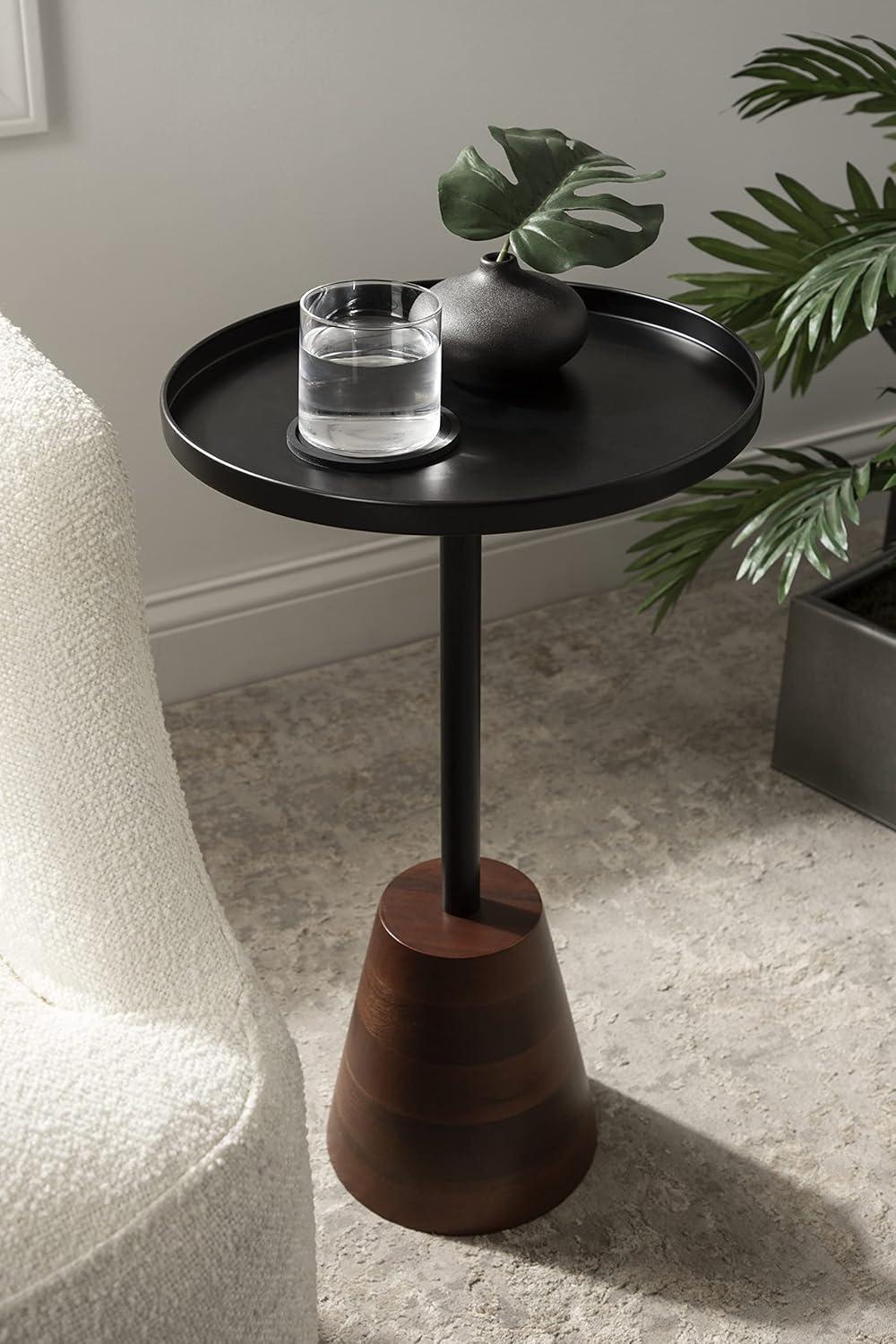 Kate and Laurel Tira Round Metal Side Table, 14x14x24, Black and Walnut Brown