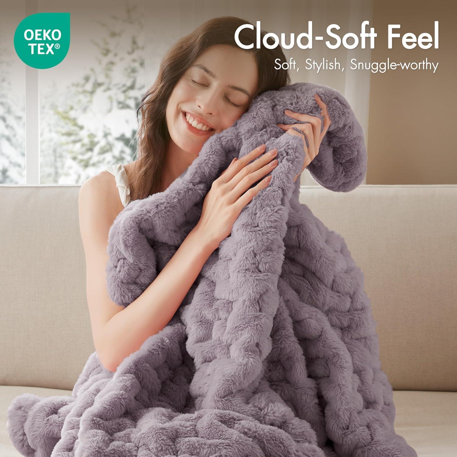 Madison Park Lavender Ruched Fur Throw 50x60"