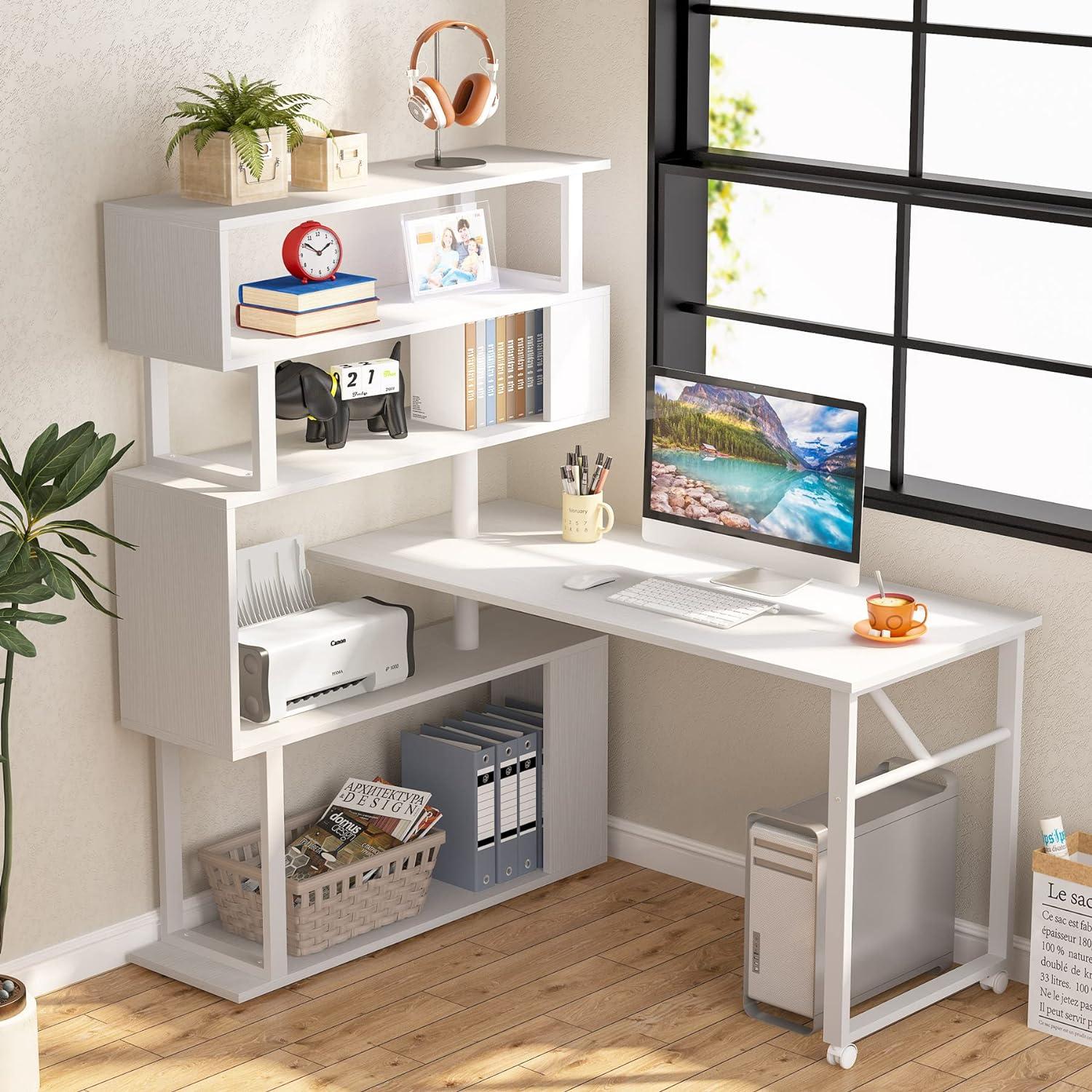 White Rotating L-Shaped Corner Writing Desk with Shelves