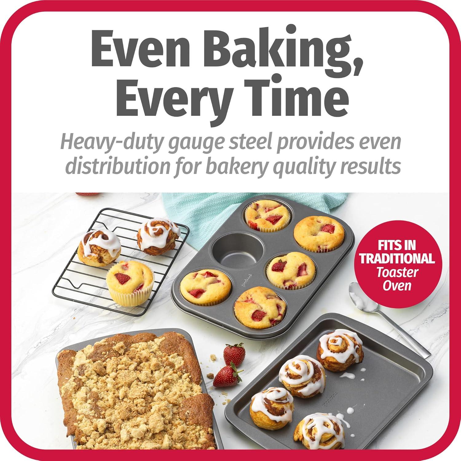 GoodCook 4-Piece Nonstick Steel Toaster Oven Set with Sheet Pan, Rack, Cake Pan, and Muffin Pan, Gray