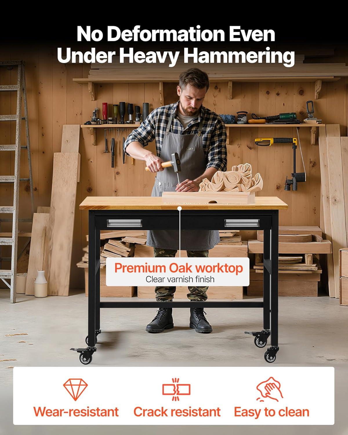 VEVOR Workbench, 48-inch Garage Workbench with Drawer Storage & Wheels, 1500 lbs Load Capacity Workshop Bench on Wheels, Heavy Duty Oak Wood Top Work Table for Garage, Workshop, Office, and Home