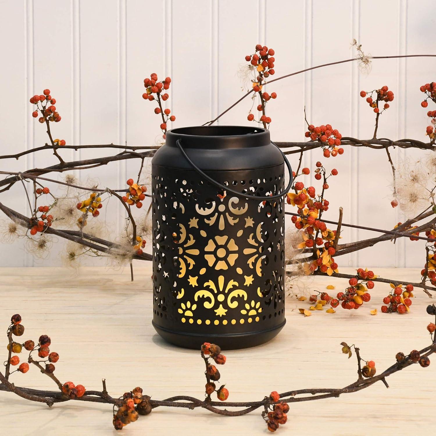 Black Iron Cylinder Hanging Lantern with LED Candle