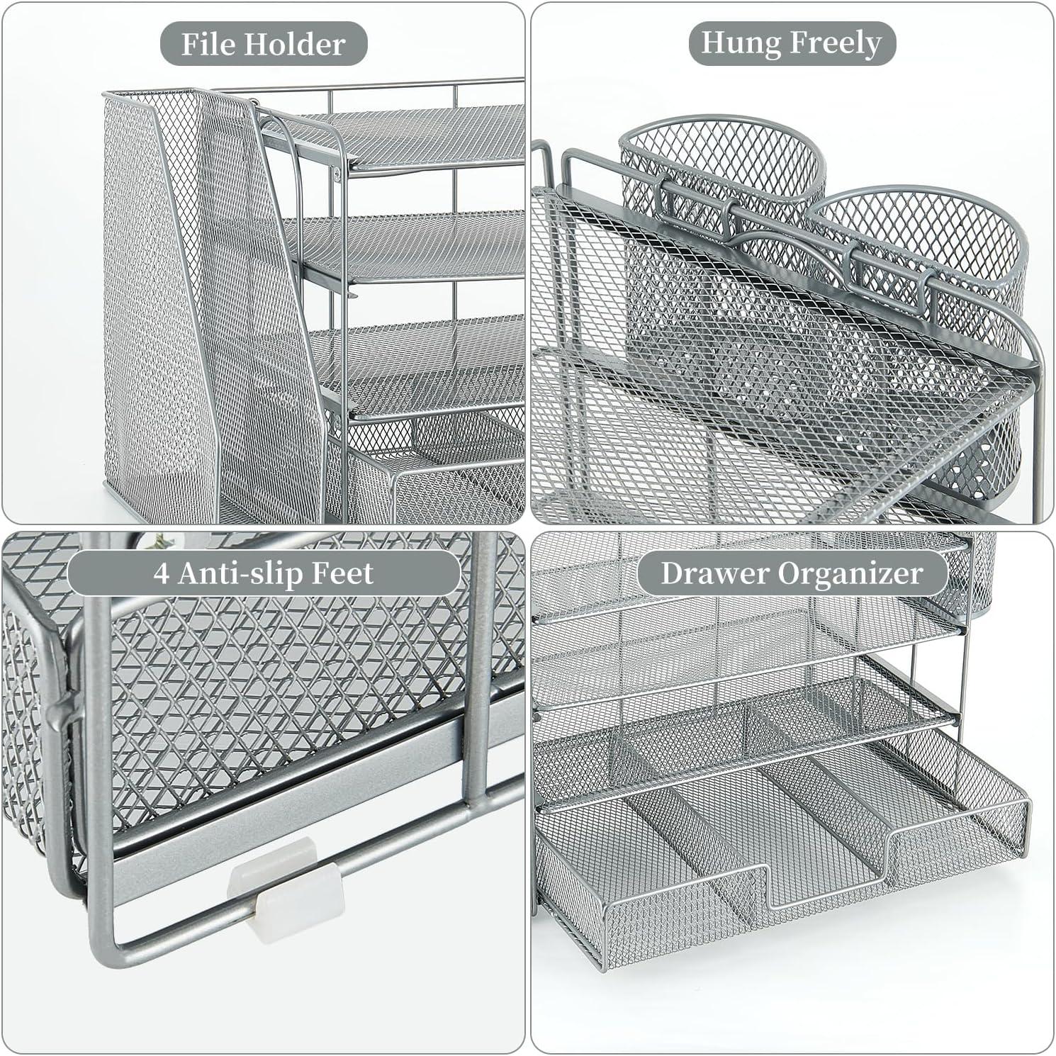 gianotter Desk Organizers and Accessories with File Holder, 4-Tier Desk Accessories & Workspace Organizers with Drawer and 2 Pen Holder, Paper Organizer for Office Supplies (Grey)