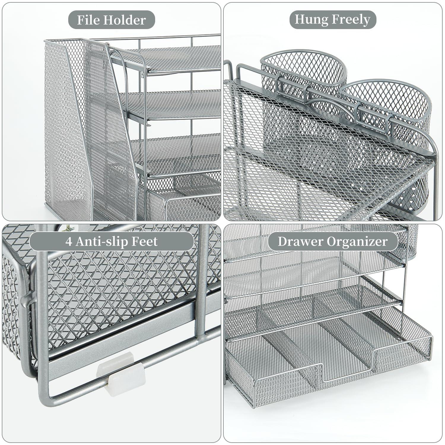 gianotter Desk Organizers and Accessories with File Holder, 4-Tier Desk Accessories & Workspace Organizers with Drawer and 2 Pen Holder, Paper Organizer for Office Supplies (Grey)