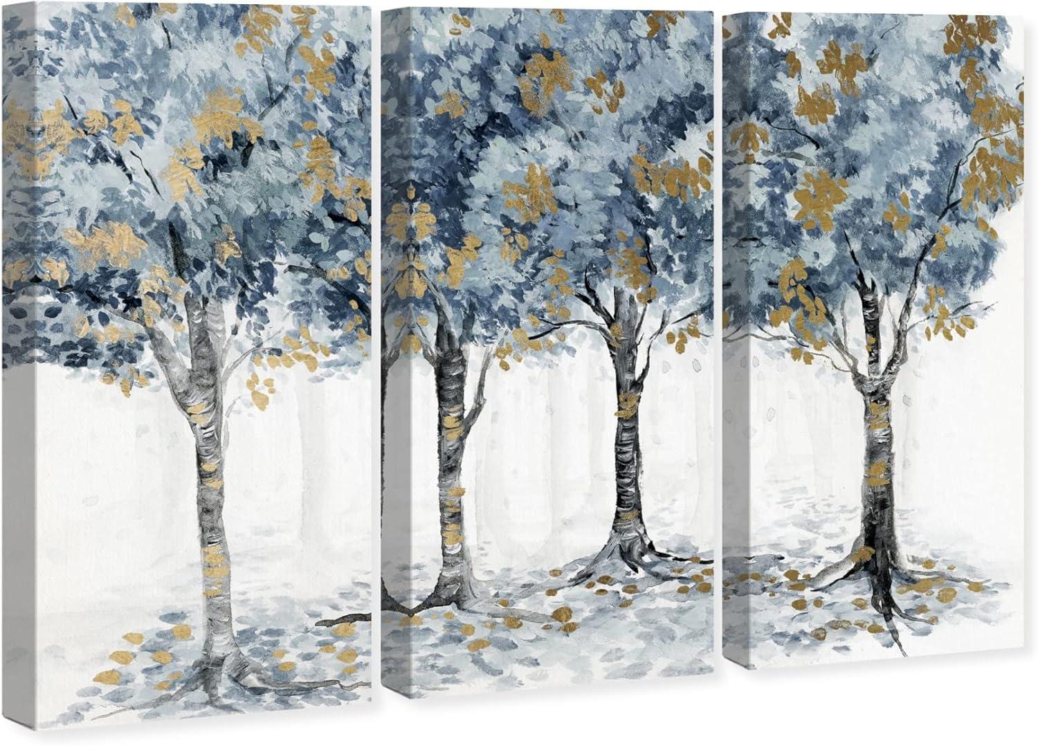 Blue and Gold Floral Landscape 3-Panel Canvas Wall Art