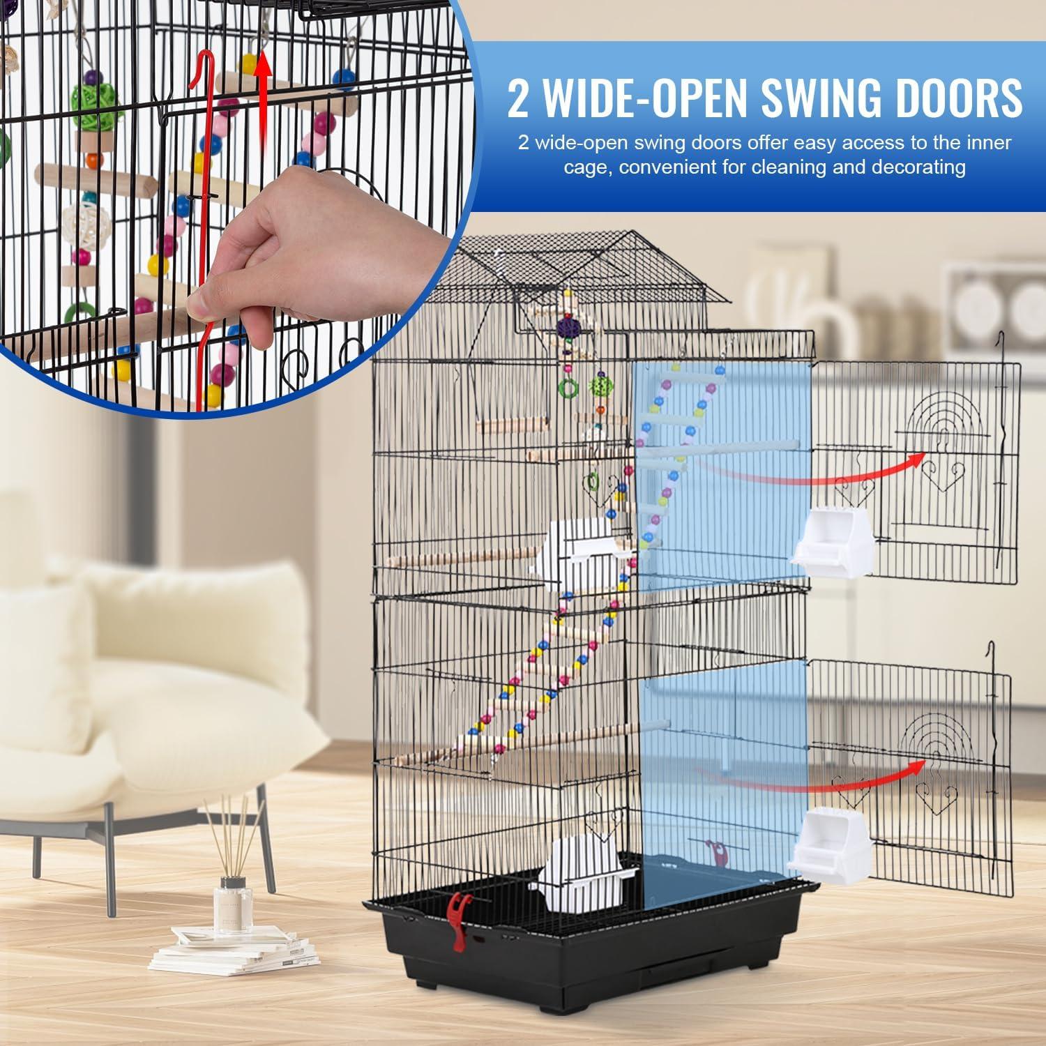 39 Inches Bird Cage Roof Top Large Flight Parrot Bird Cage with Toys for Medium Small Birds, Lovebirds, Finch, Cockatiel Parakeets, Parrot, Iron Bird Cage, Black, 17x14x39 Inch (Pack of 1)