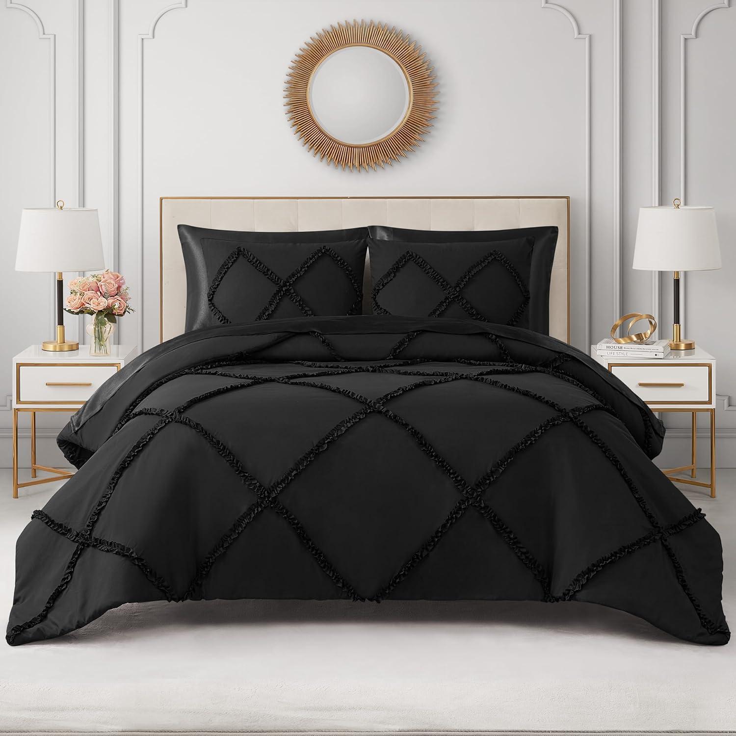 Full Black Microfiber Diamond Ruffle Reversible Comforter Set