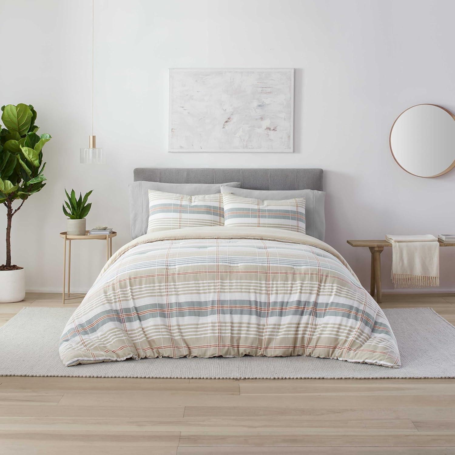 Vellux Vellux Oslo Plaid Comforter Set, 100% Cotton, Soft & Lightweight, 68x88, Taupe
