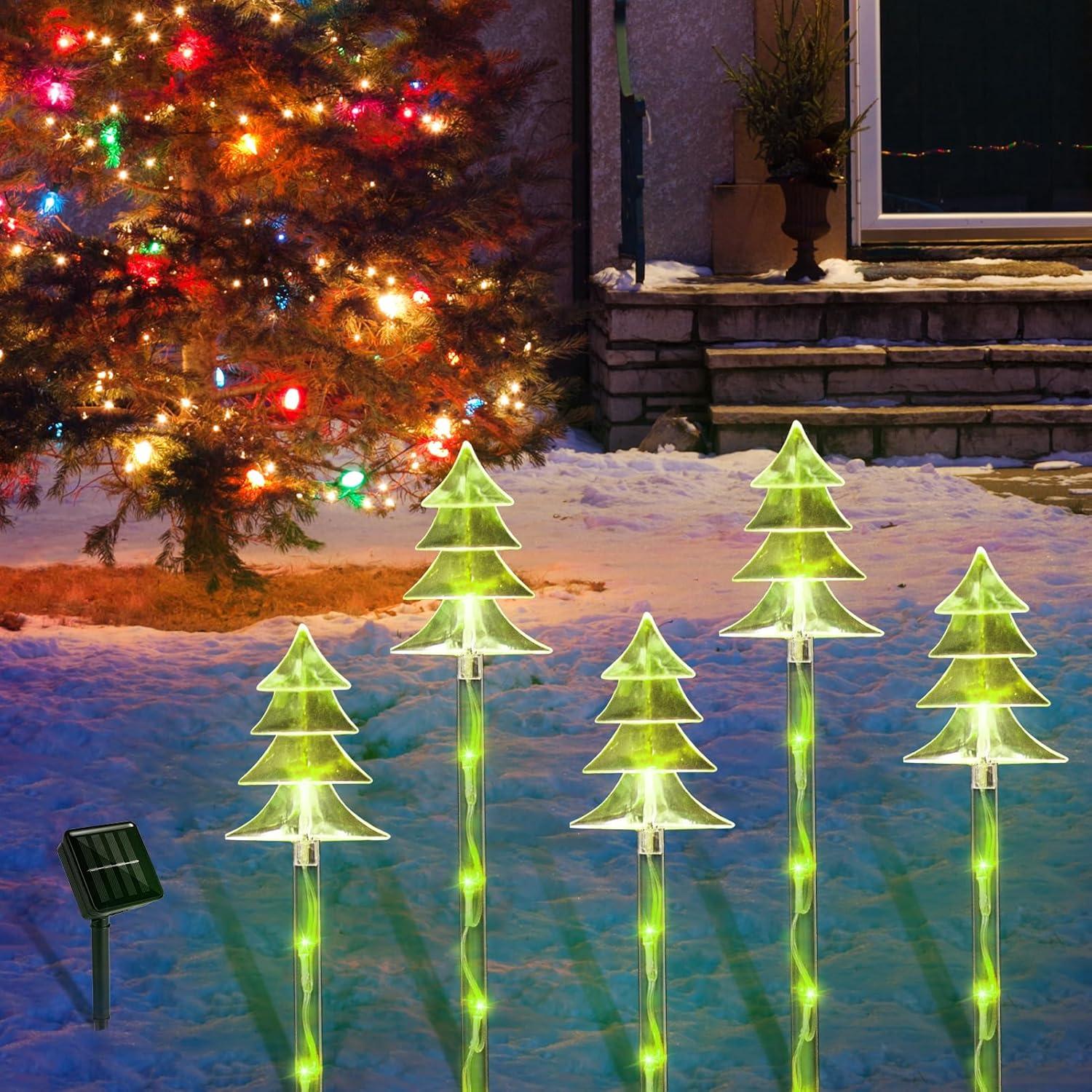 Enkey Christmas Solar Pathway Lights, Set of 5 Waterproof Landscape Christmas Lights, Stake Christmas Decorations, LED Lights for Yard Lawn Patio Walkway Decor (5PCS-Warm White-Tree)