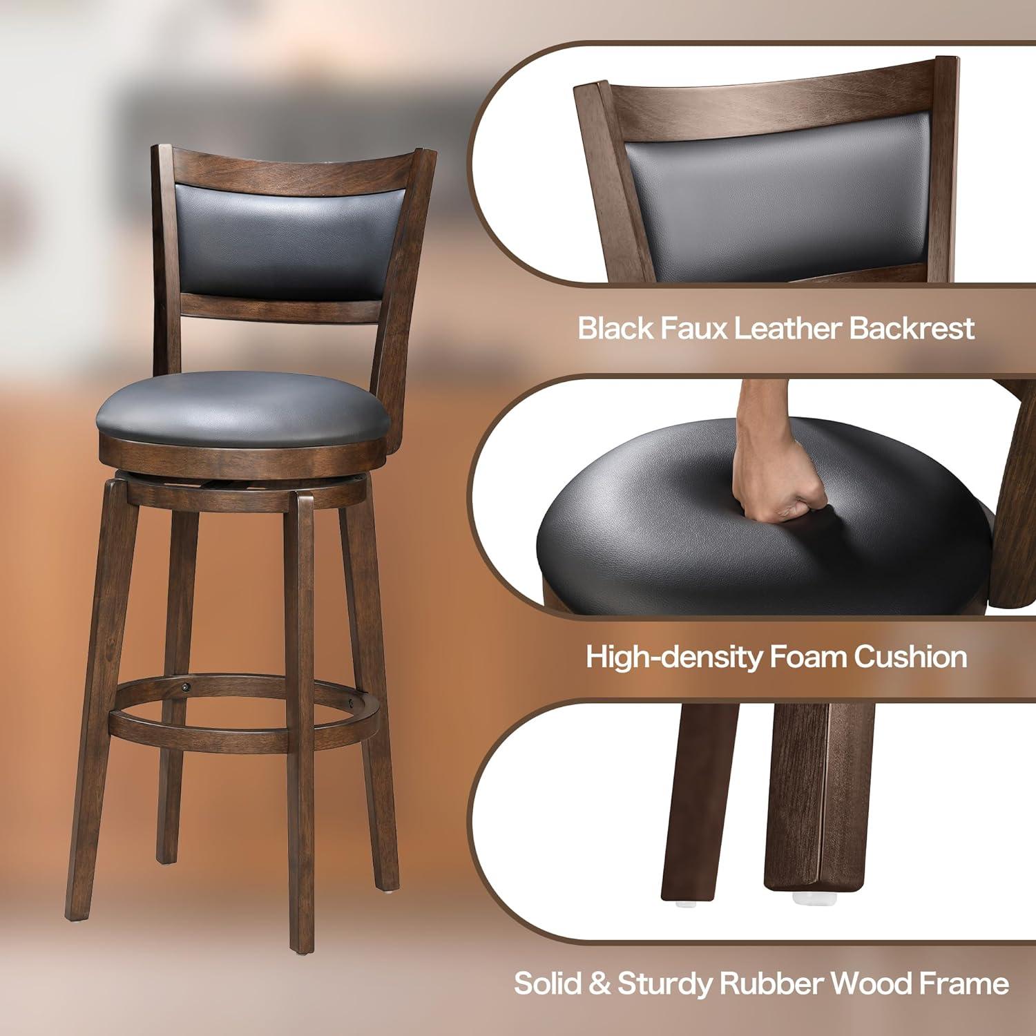 30" Walnut Swivel Bar Stools with Black Faux Leather Seats, Set of 4