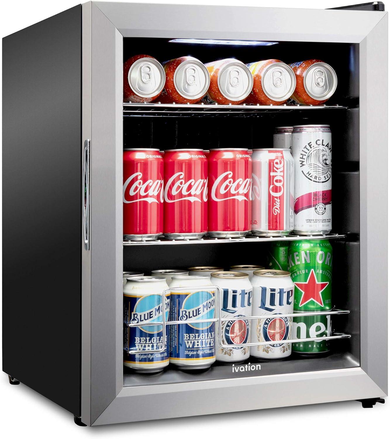 Ivation 62 Can Beverage Refrigerator | Freestanding Ultra Cool Mini Fridge |Reversible Glass Door & Adjustable Shelving - Stainless Steel