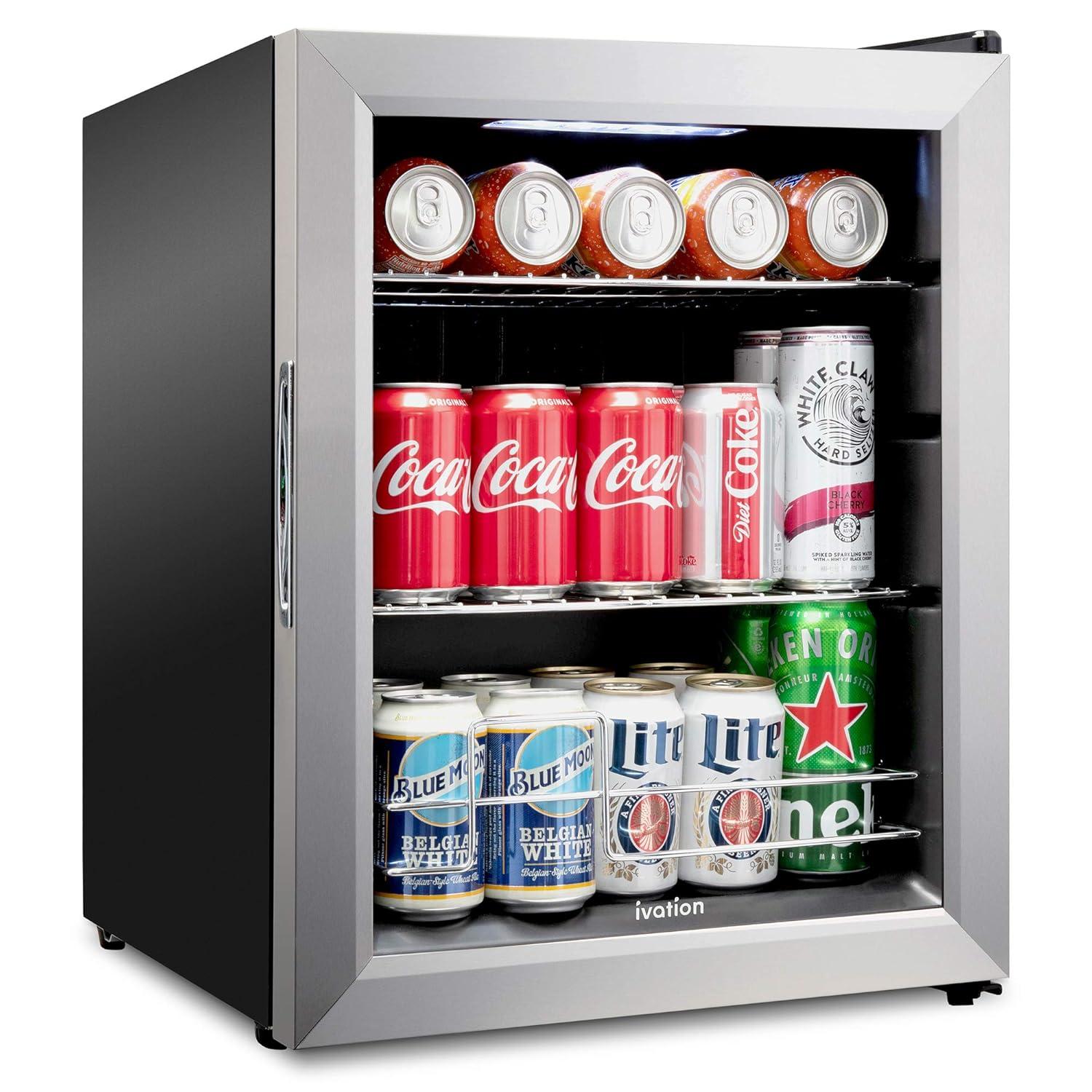 Ivation 62 Can Beverage Refrigerator | Freestanding Ultra Cool Mini Fridge |Reversible Glass Door & Adjustable Shelving - Stainless Steel