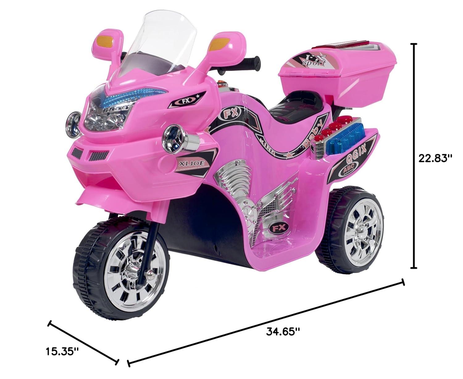 Lil' Rider Electric Motorcycle for Kids – 3-Wheel Battery Powered Motorbike for Kids Ages 3-6 – Fun Decals- Reverse- and Headlights (Pink), Large