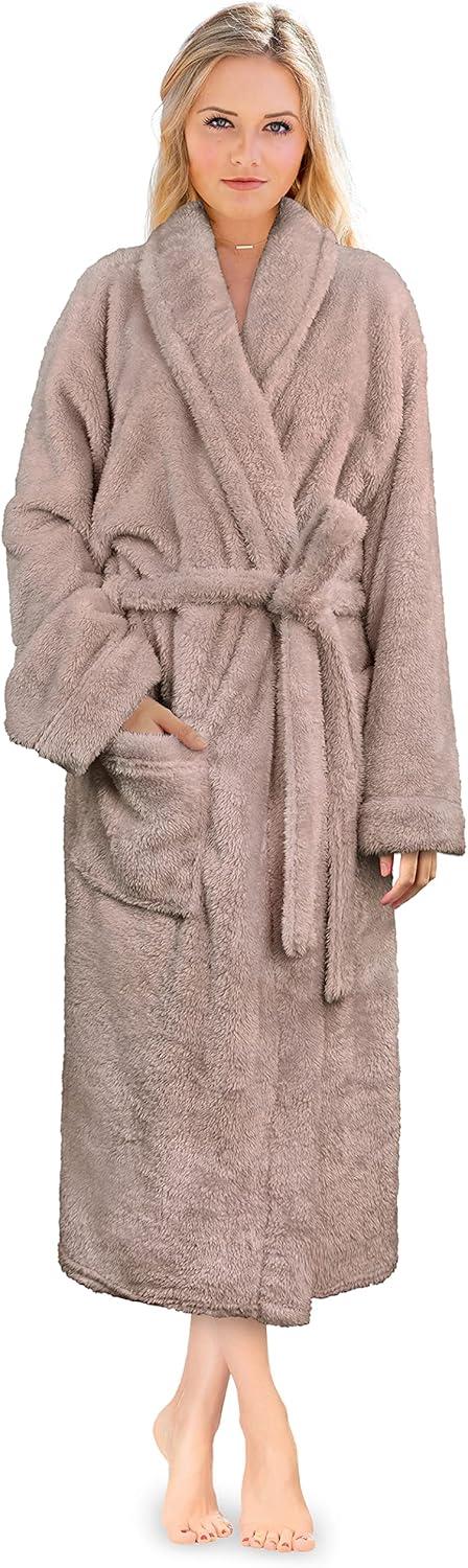 PAVILIA Premium Womens Plush Soft Robe Fluffy Warm, Fleece Faux Shearling Shaggy Bathrobe (Taupe, Large-X-Large)