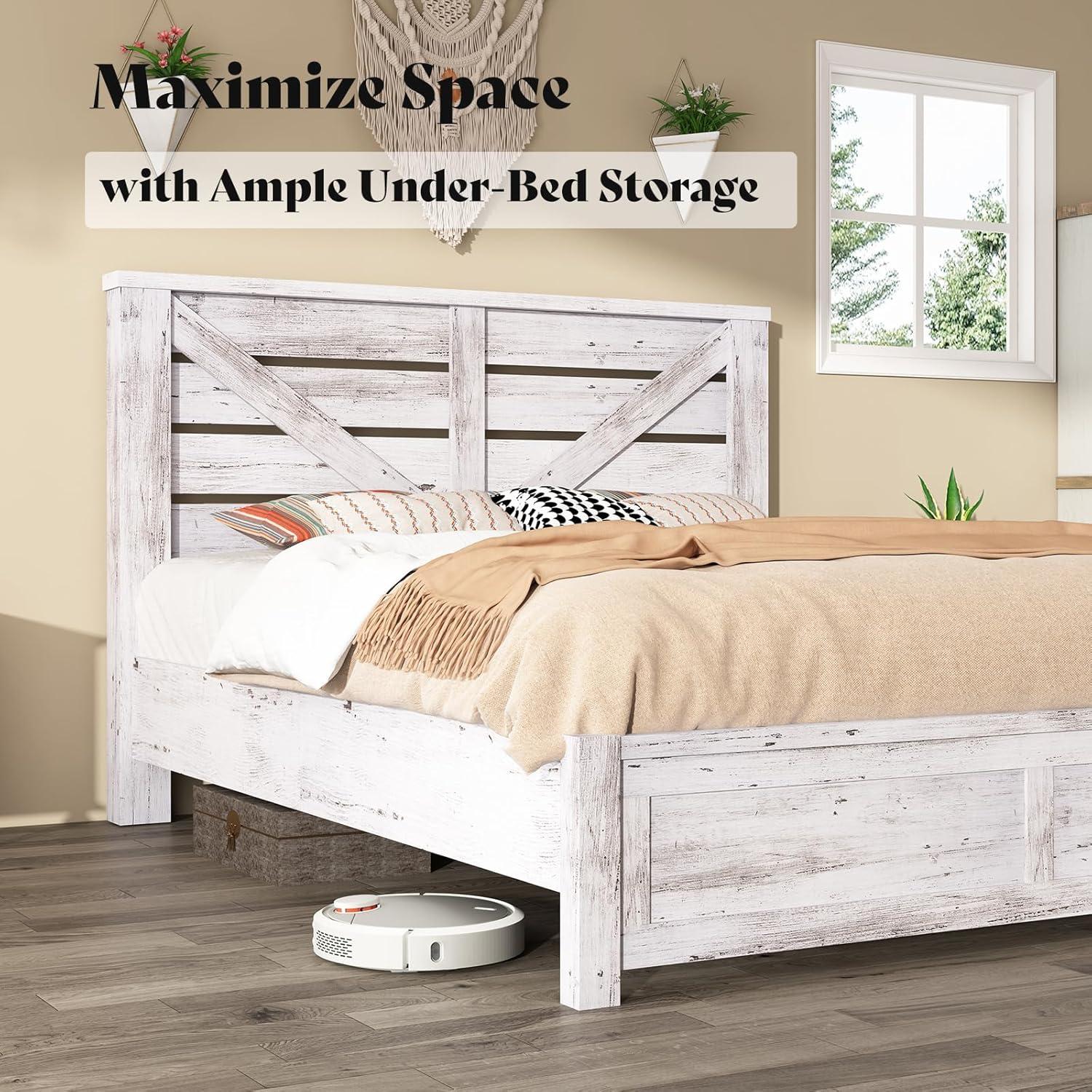 Distressed White Queen Size Wooden Farmhouse Bed Frame with Barn Door Headboard