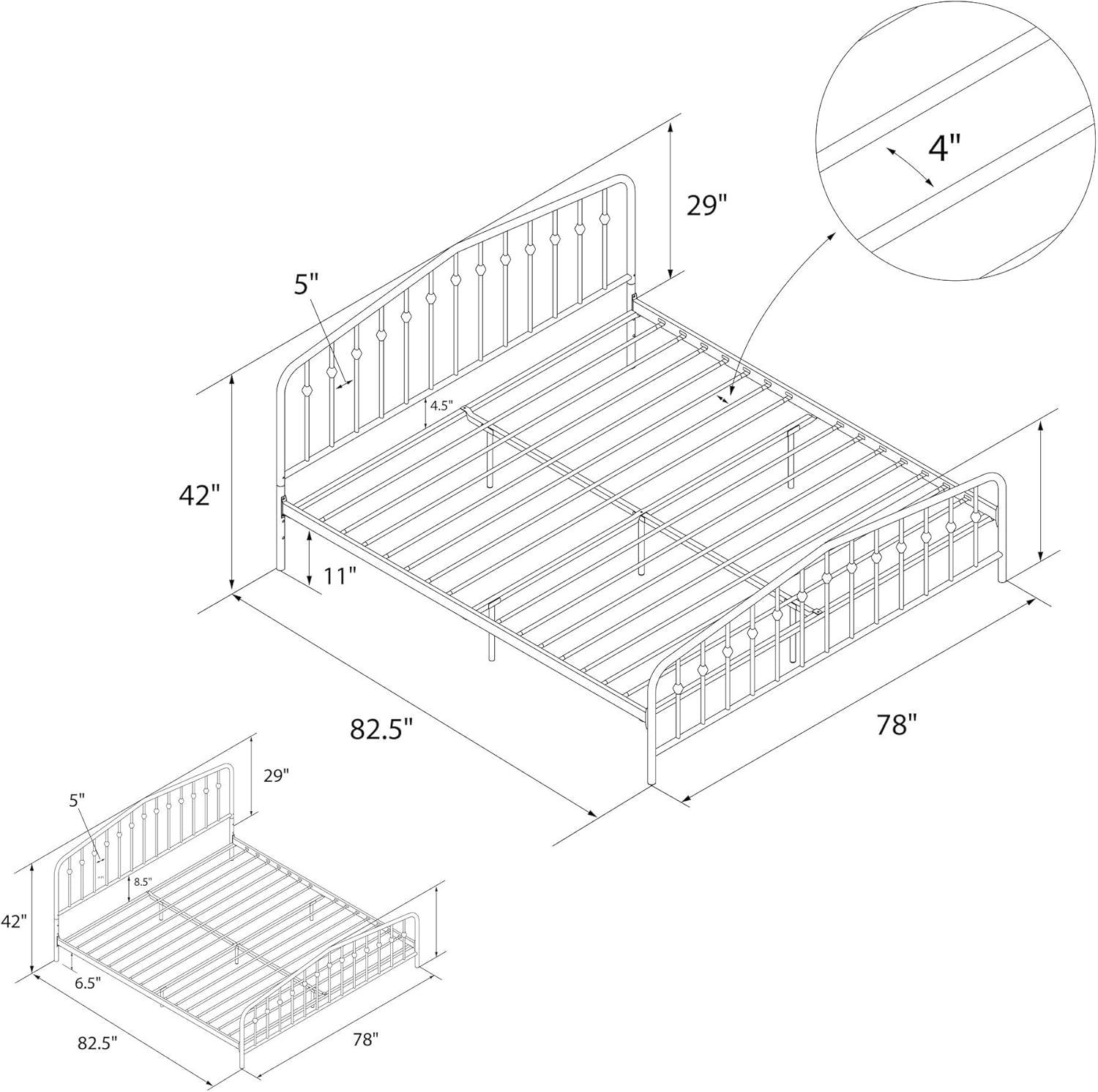 King-Size Gunmetal Gray Metal Bed with Upholstered Headboard and Storage Drawer