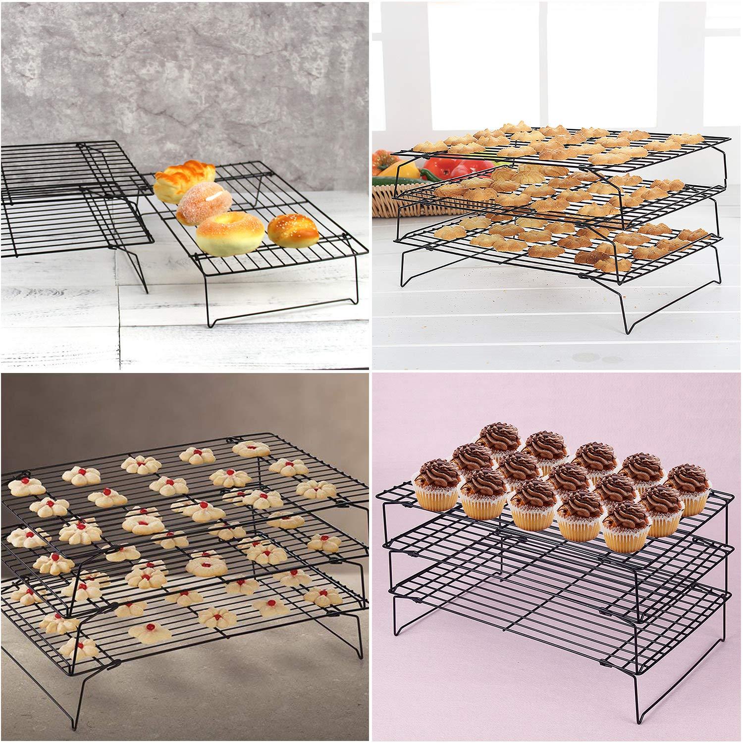 Duslogis Stainless Steel Baking Rack 3-Tier Stackable Cooling Rack Set for Baking Cooking Grilling - 15.7” x 9.8” - Black