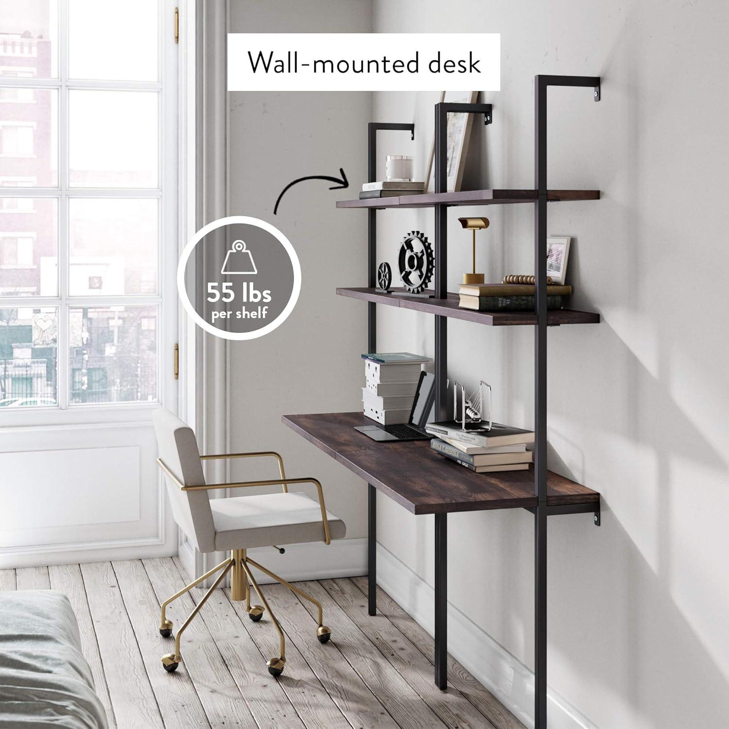 Theo 2-Shelf Industrial Wall Mount Ladder Table, Small Computer Desk, Nutmeg/Matte Black