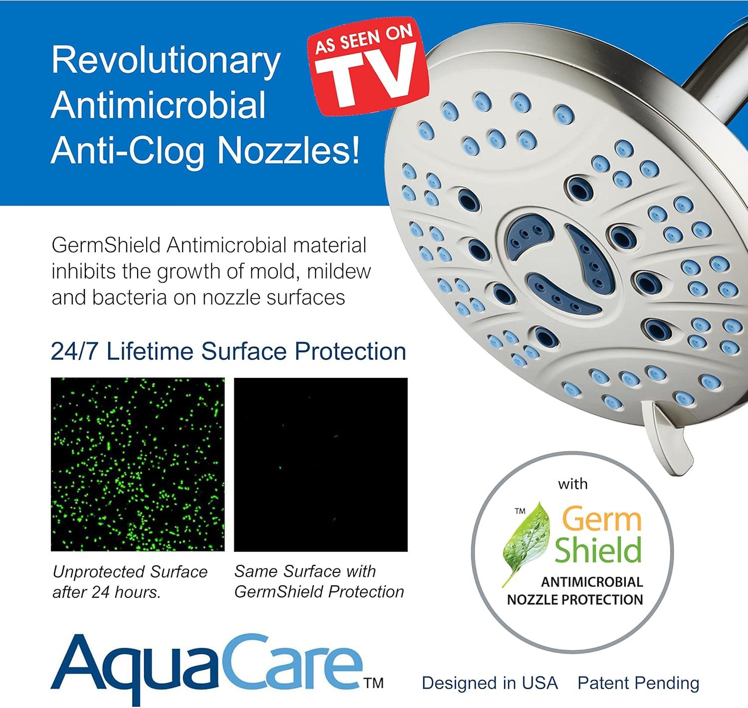 AquaCare AS-SEEN-ON-TV High Pressure 6-setting 6 inch Rainfall Shower Head with GermShield Anti-clog Nozzles Brushed