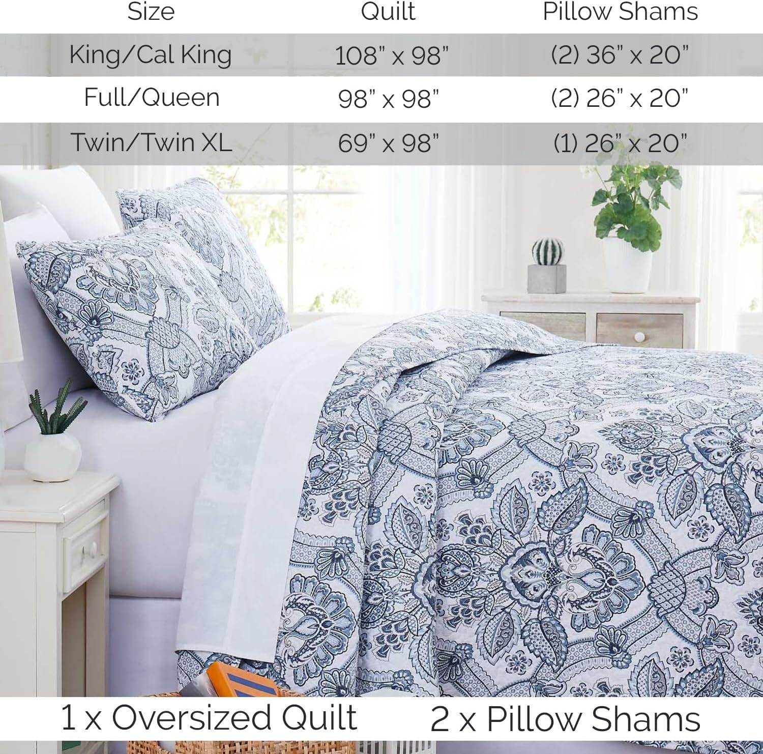 Blue Damask Paisley Reversible Microfiber Full Quilt Set