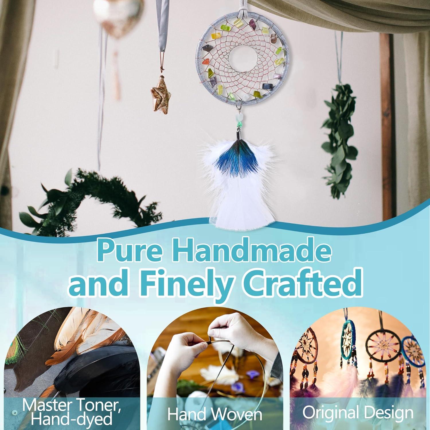 Ice Blue Dream Catchers - Turkey Feather and Peacock Feather, Opal Healing Crystal, Handmade Small Dreamcatcher for Bedroom, A Dream Catcher for Girls,Dream Catchers for Boys,Dream Catcher Wall Decor