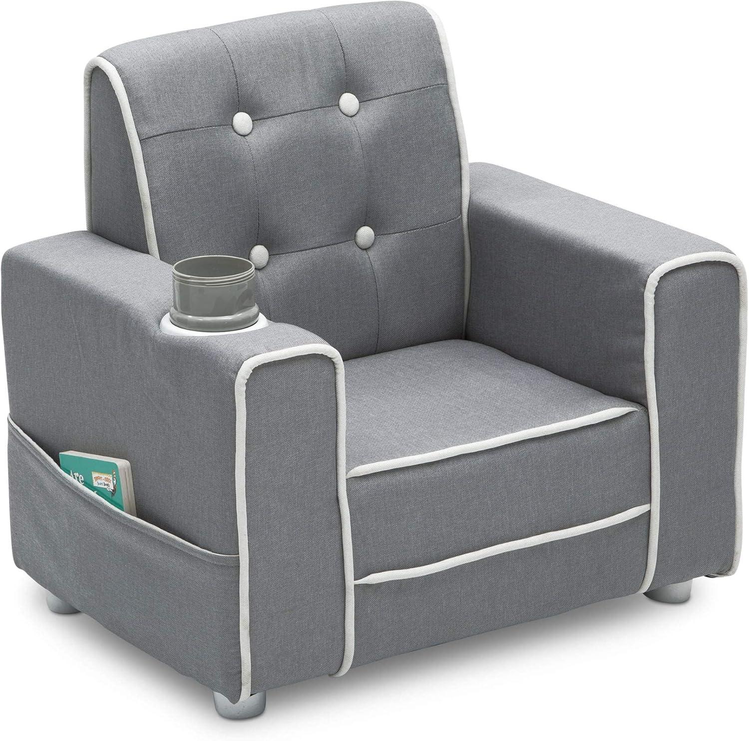 Chelsea Light Grey and White Upholstered Kids Chair with Cup Holder