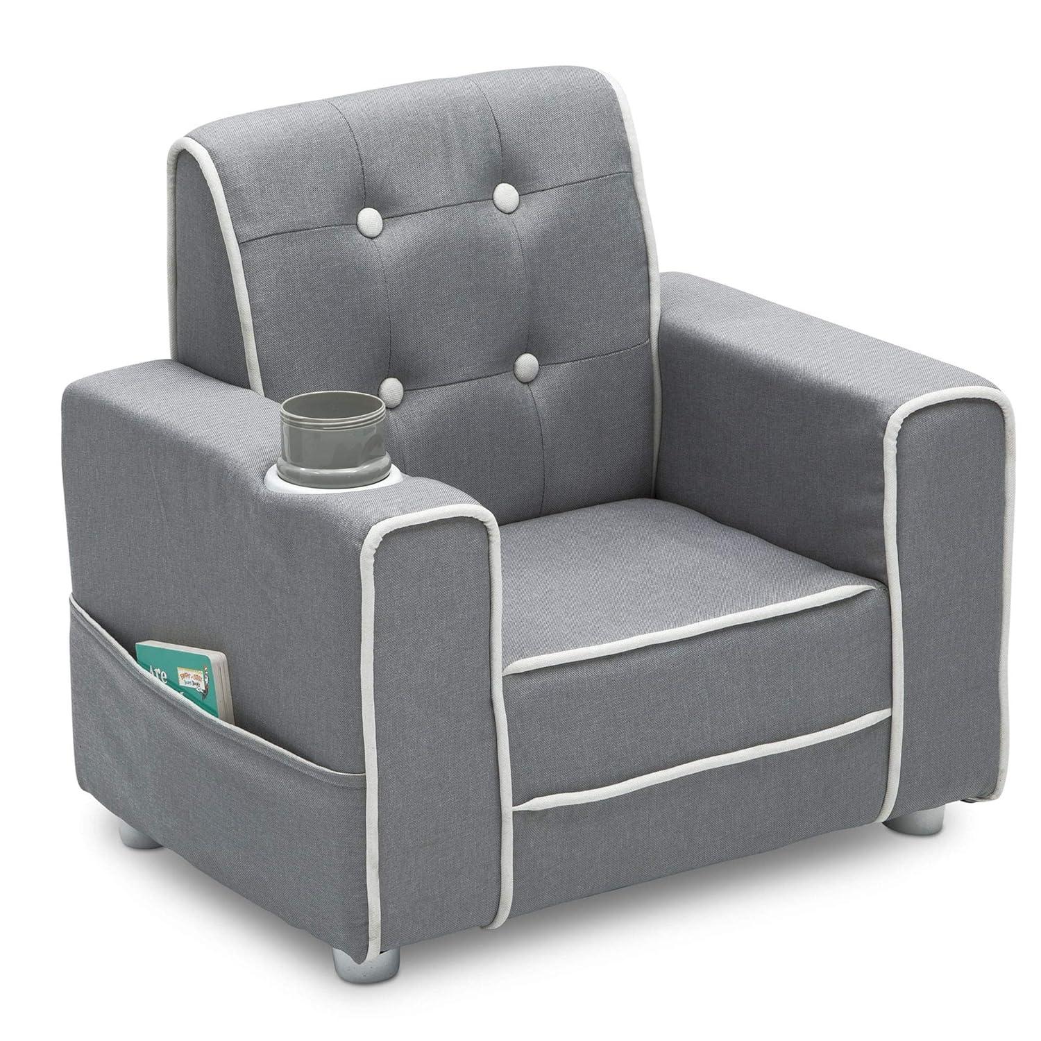 Chelsea Light Grey and White Upholstered Kids Chair with Cup Holder