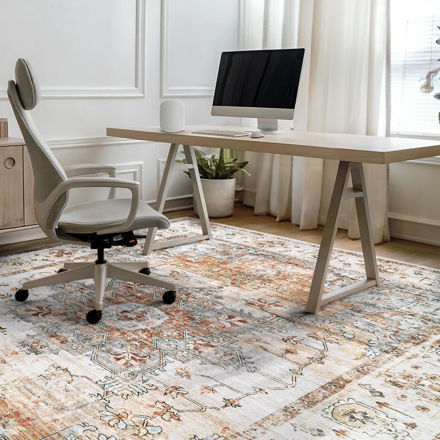 GlowSol 8x10 Floral Area Rug for Living Room Bedroom Retro Distressed Area Rug Traditional Medallion Non-Slip Low Pile Carpet Floor Decoration, Blue