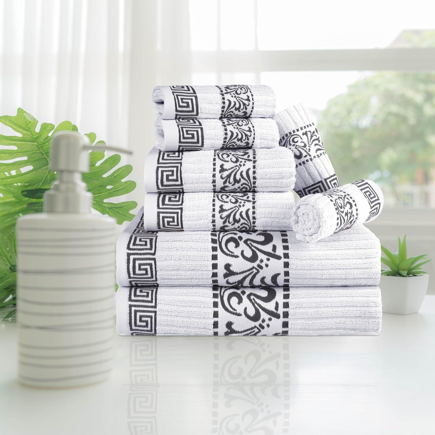 Superior Athens Cotton Medium Weight Floral Border Greek Key Trim 8 Piece Assorted Towel Set by Superior