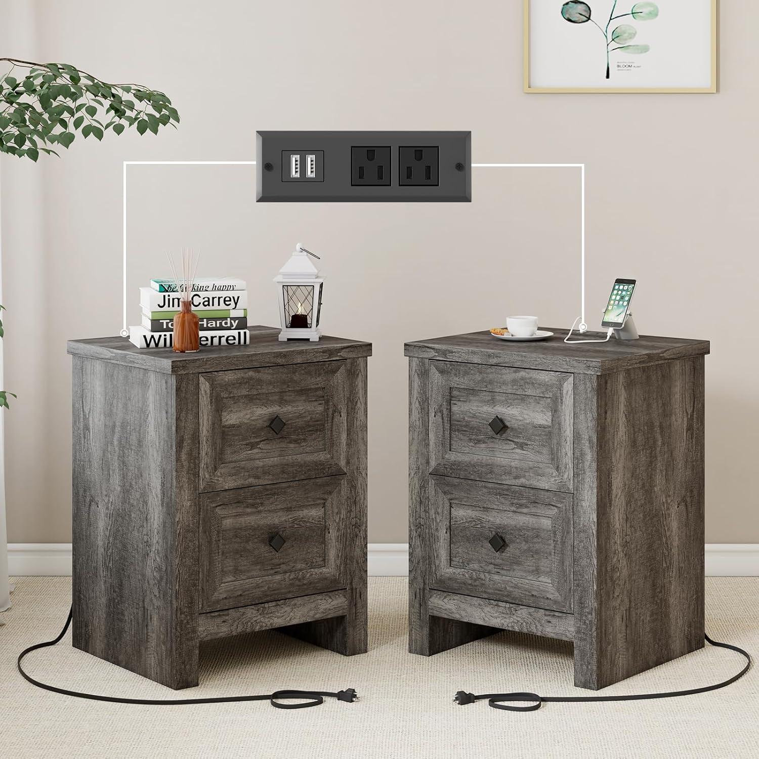 Merluxy Nightstand Set of 2 with Charging Station, Wood End Table with 2 Drawers Storage Cabinet Grey