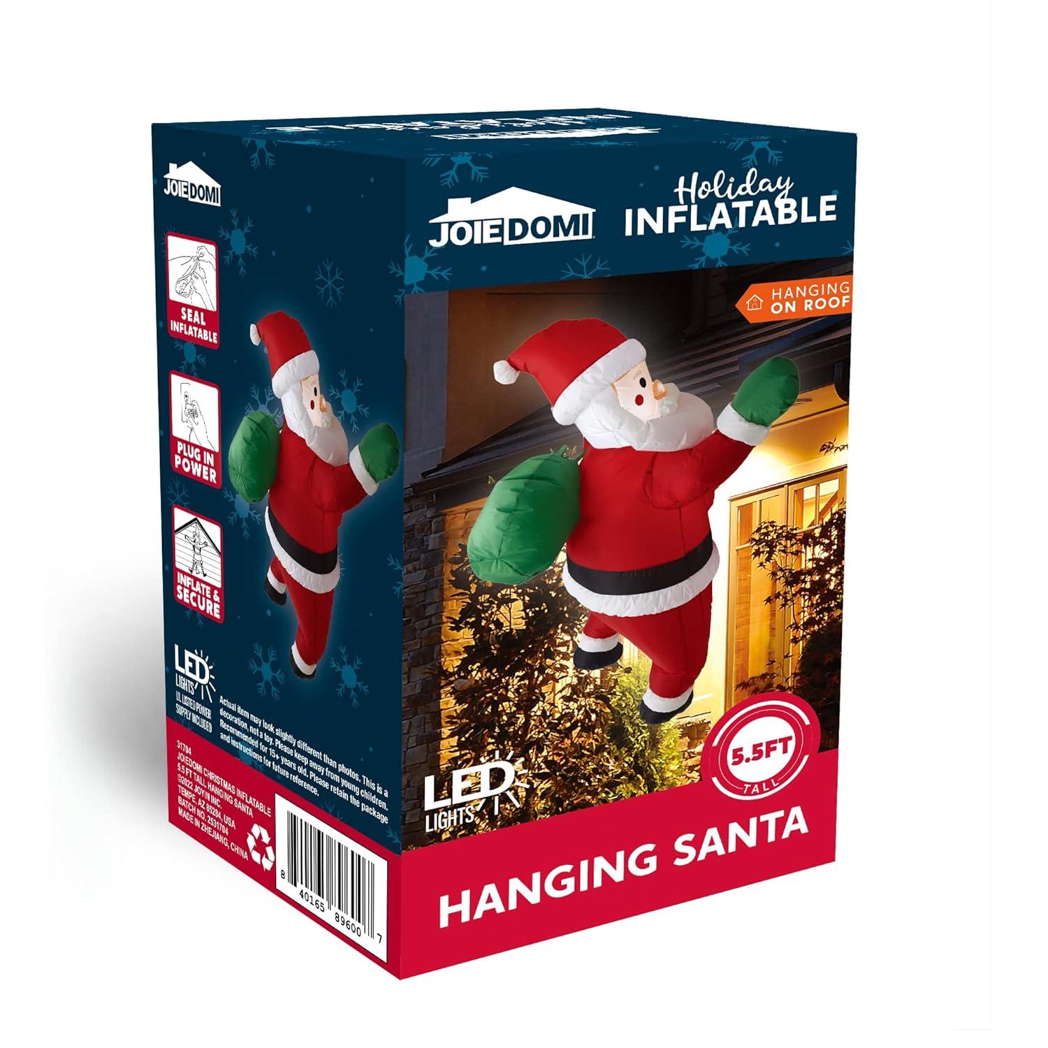 JOYFY 5.5 FT Christmas Inflatable Hanging Climbing Santa with Gift Bag Decorations for Xmas Party, Outdoor, Yard, Garden, Lawn Winter Decoration