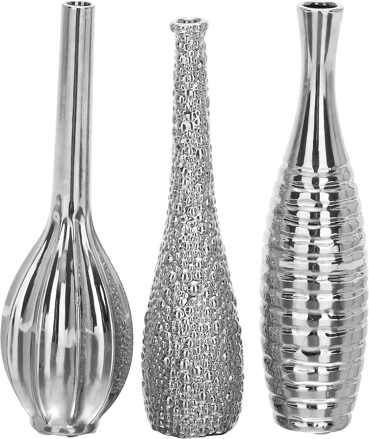 Elegant Trio Silver Ceramic Vase Set with Textured Finish