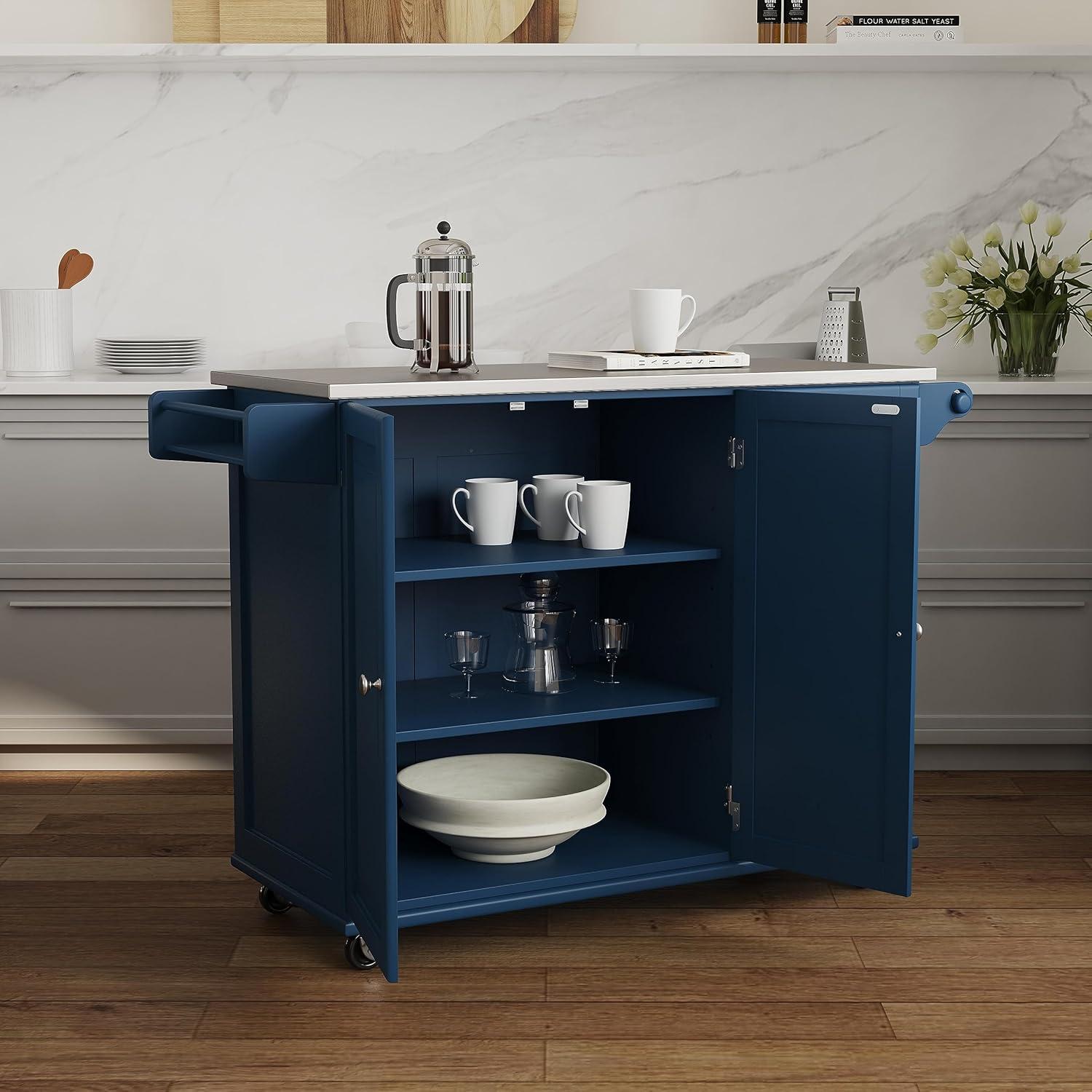 Blue Stainless Steel Top Kitchen Cart with Spice Rack and Storage