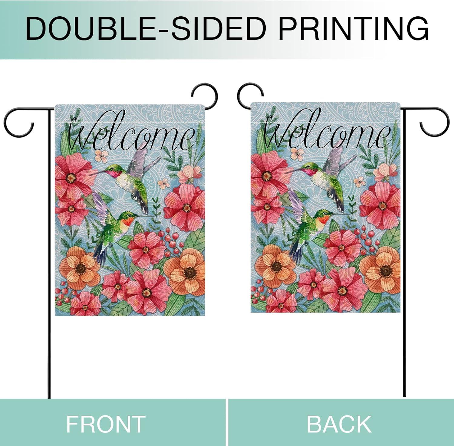 Jbralid Welcome Spring Garden Flag Hummingbird, Decorative House Yard Lawn Outdoor Small Burlap Bird Flag Flower Decor, Vintage Summer Farmhouse Seasonal Outside Decorations Double Sided 12 x 18