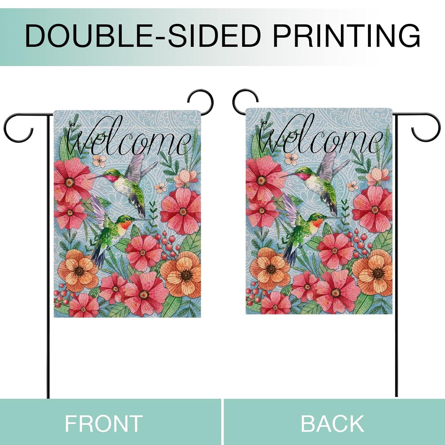 Jbralid Welcome Spring Garden Flag Hummingbird, Decorative House Yard Lawn Outdoor Small Burlap Bird Flag Flower Decor, Vintage Summer Farmhouse Seasonal Outside Decorations Double Sided 12 x 18