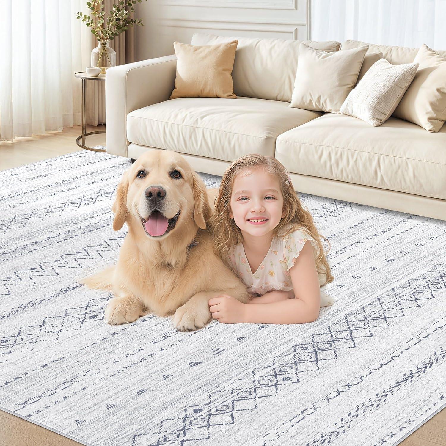 Large Living Room Area Rug 9x12: Soft Machine Washable Boho Moroccan Farmhouse Rugs for Bedroom Under Dining Table - Non-Slip Neutral Morden Indoor Floor Rug Carpet for Home Office Decor - Grey