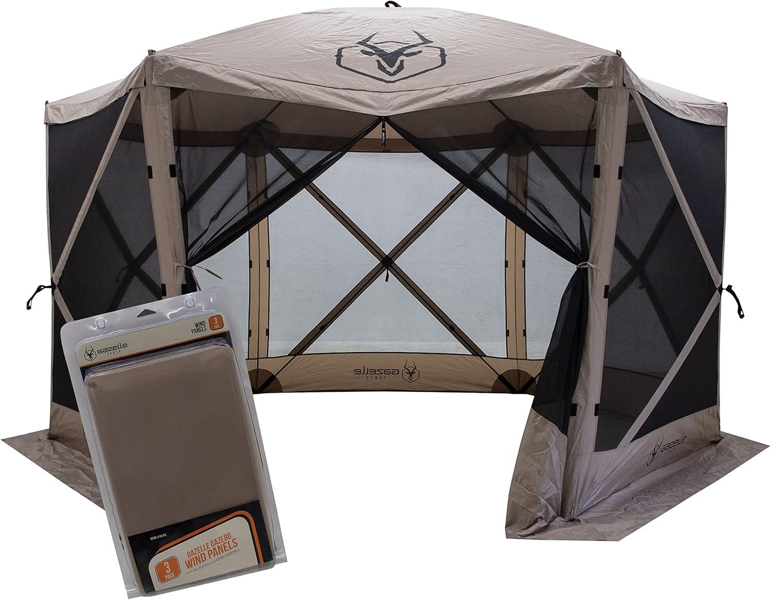 Gazelle Tents G6 6-Sided Portable Gazebo, Pop-Up Hub Screen Tent, Desert Sand, Includes free 3 Pak of wind panels, GK908