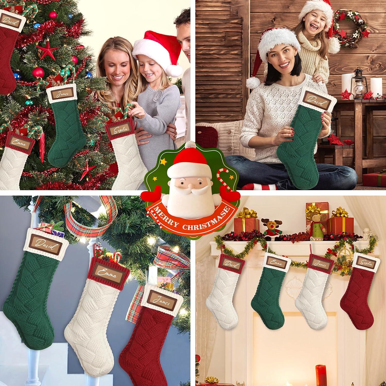 Large Red and Green Cable Knit Christmas Stockings, 4 Pack