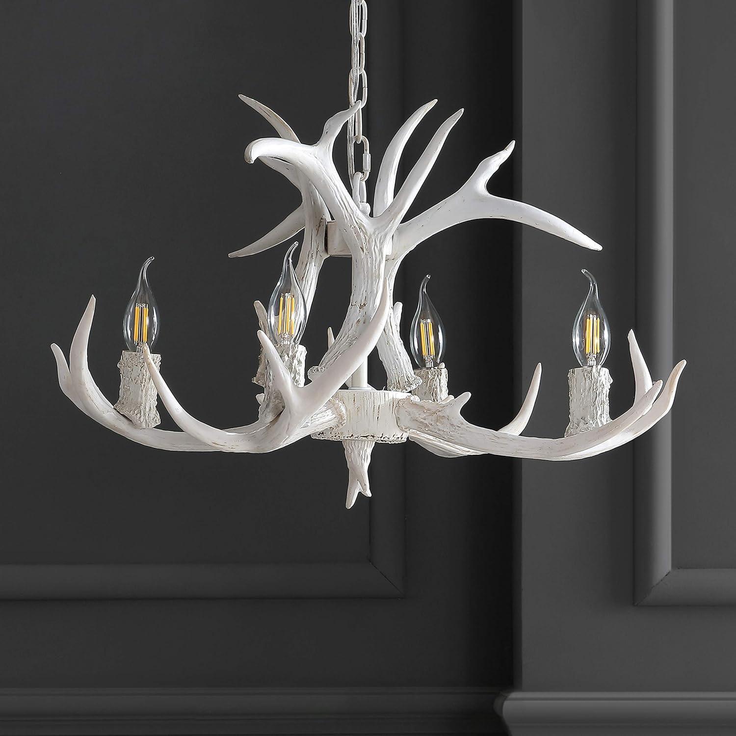 JONATHAN Y JYL6301B Eldora 26" Adjustable Resin Antler 4-Light LED Chandelier, Farmhouse, Glam, Transitional, Rustic, Cottage for living room, dinning room, bedroom, office Bulb Included, White
