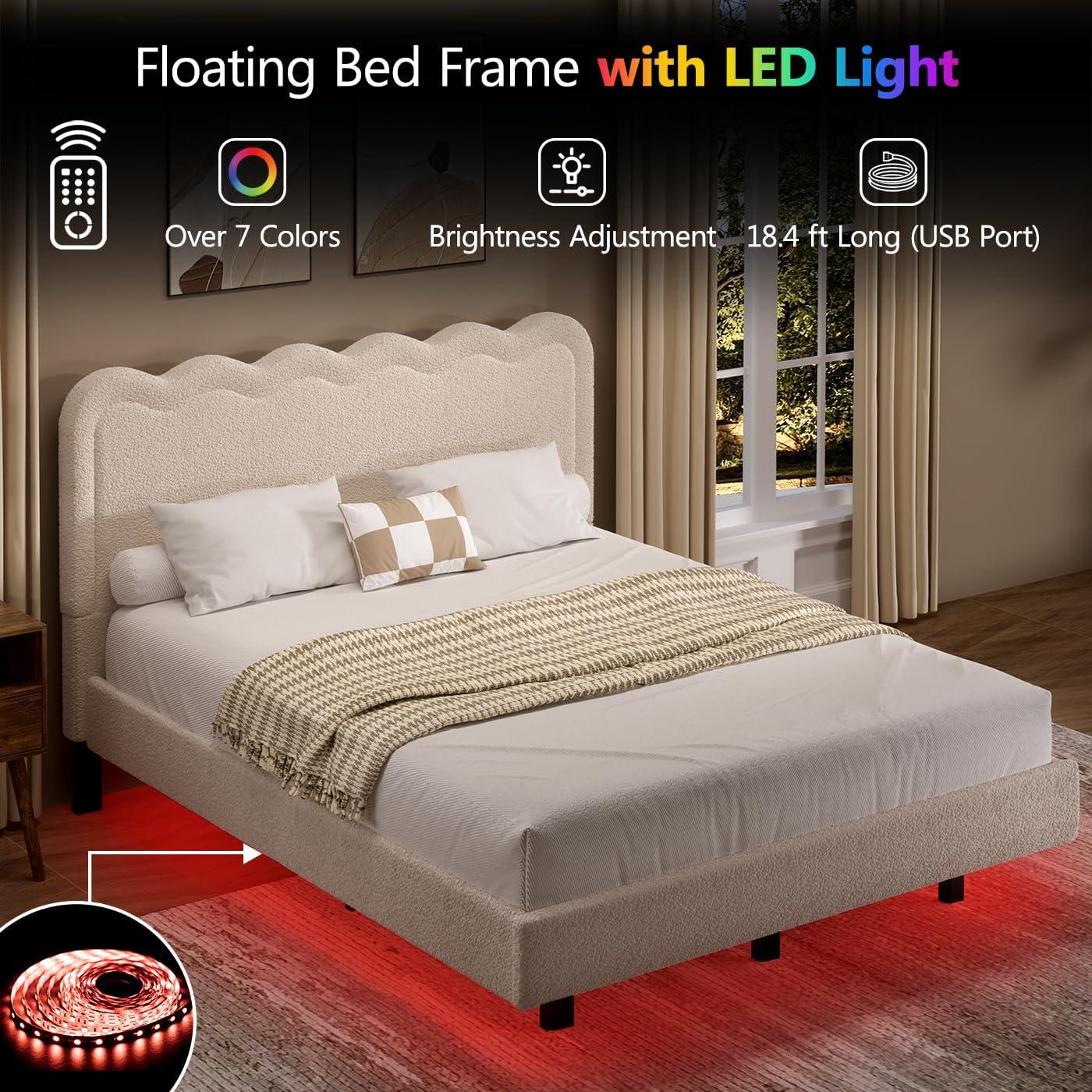 Queen Size Boucle Bed Frame, Upholstered Cloud Bed Frame with Adjustable Headboard, Soft Rounded Corners, No Box Spring Required, Easy Assembly, Black