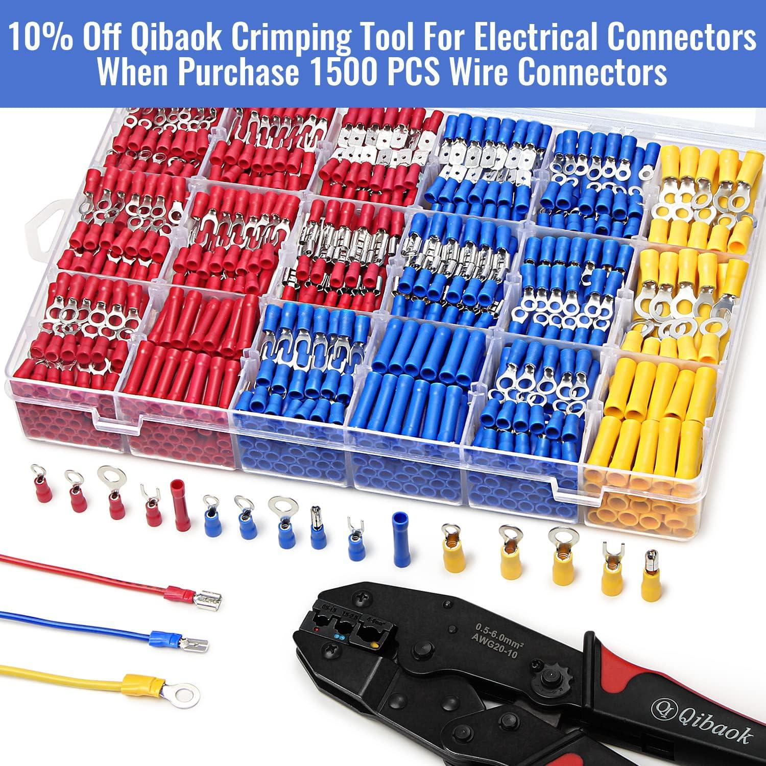 Qibaok 1500pcs Wire Connectors - Insulated Electrical Wire Terminals (Copper) - Ring, Butt, Spade, Fork Connector Kit - Red, Blue, Yellow