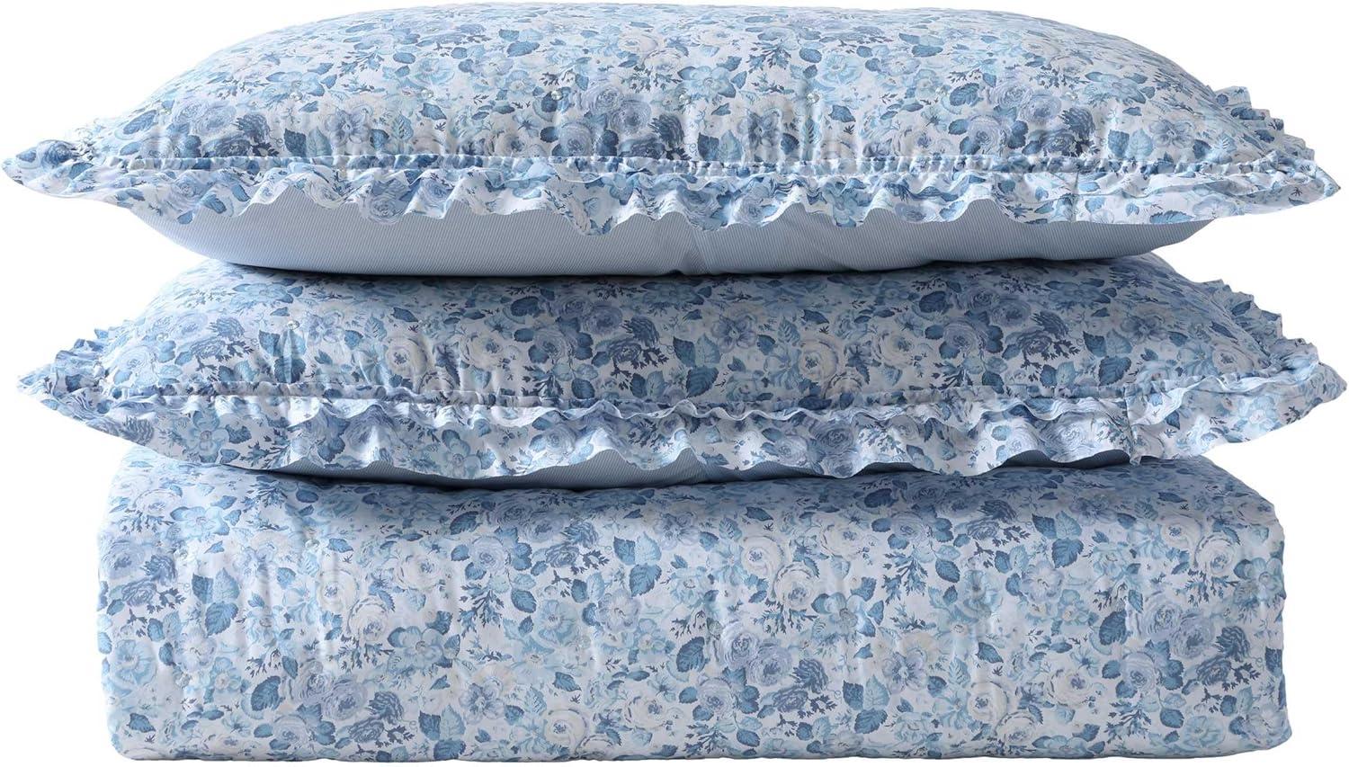 Twin Blue Microfiber Reversible Quilt Set with Ruffles